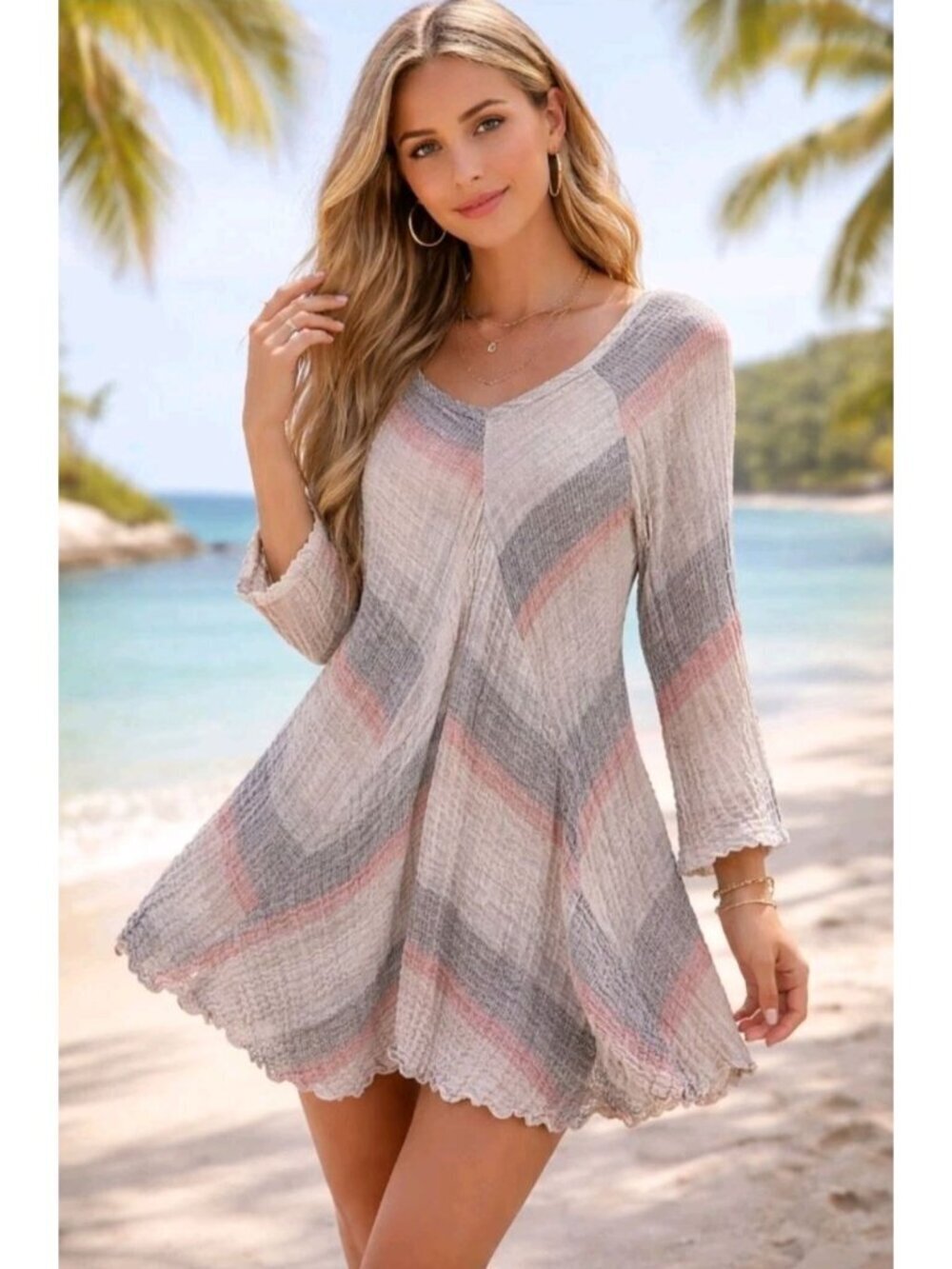 Marilu Italy Linen Mini Dress Boho Beach Casual Flared Skirt Long Sleeve Size S